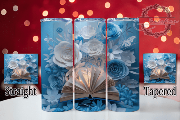 3D White Blue Floral Book Tumbler